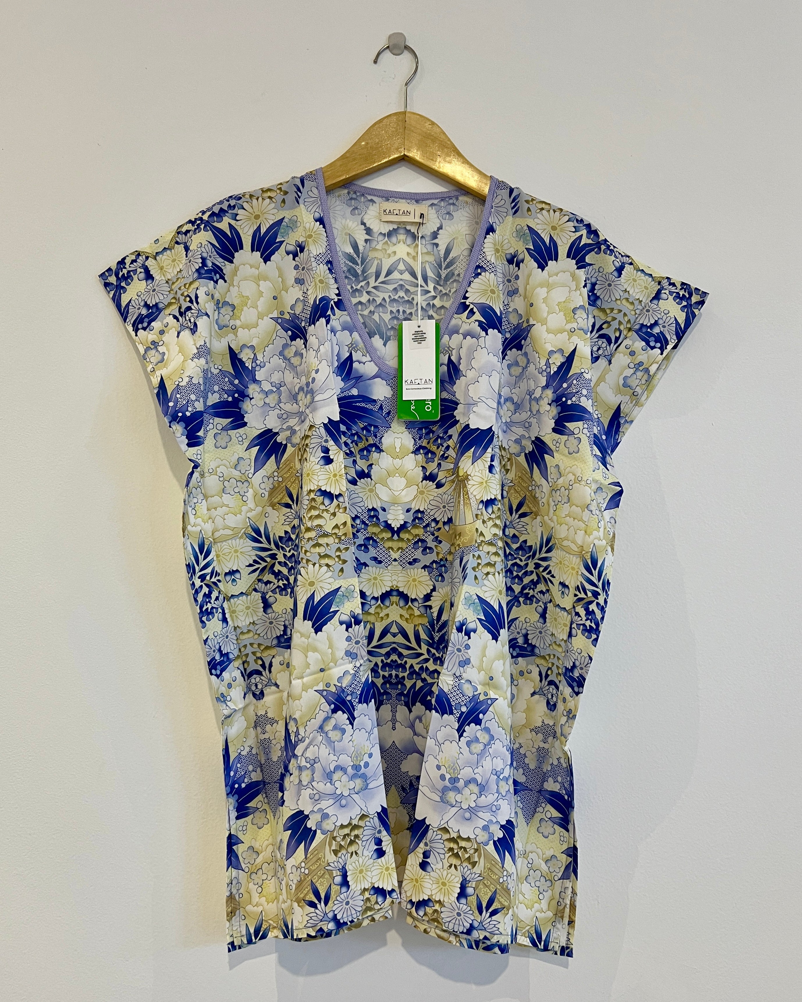 printed blue kaftan, short kaftan, kaftan dress, kaftan bali, floral kaftan, summer kaftan, kaftan cover up