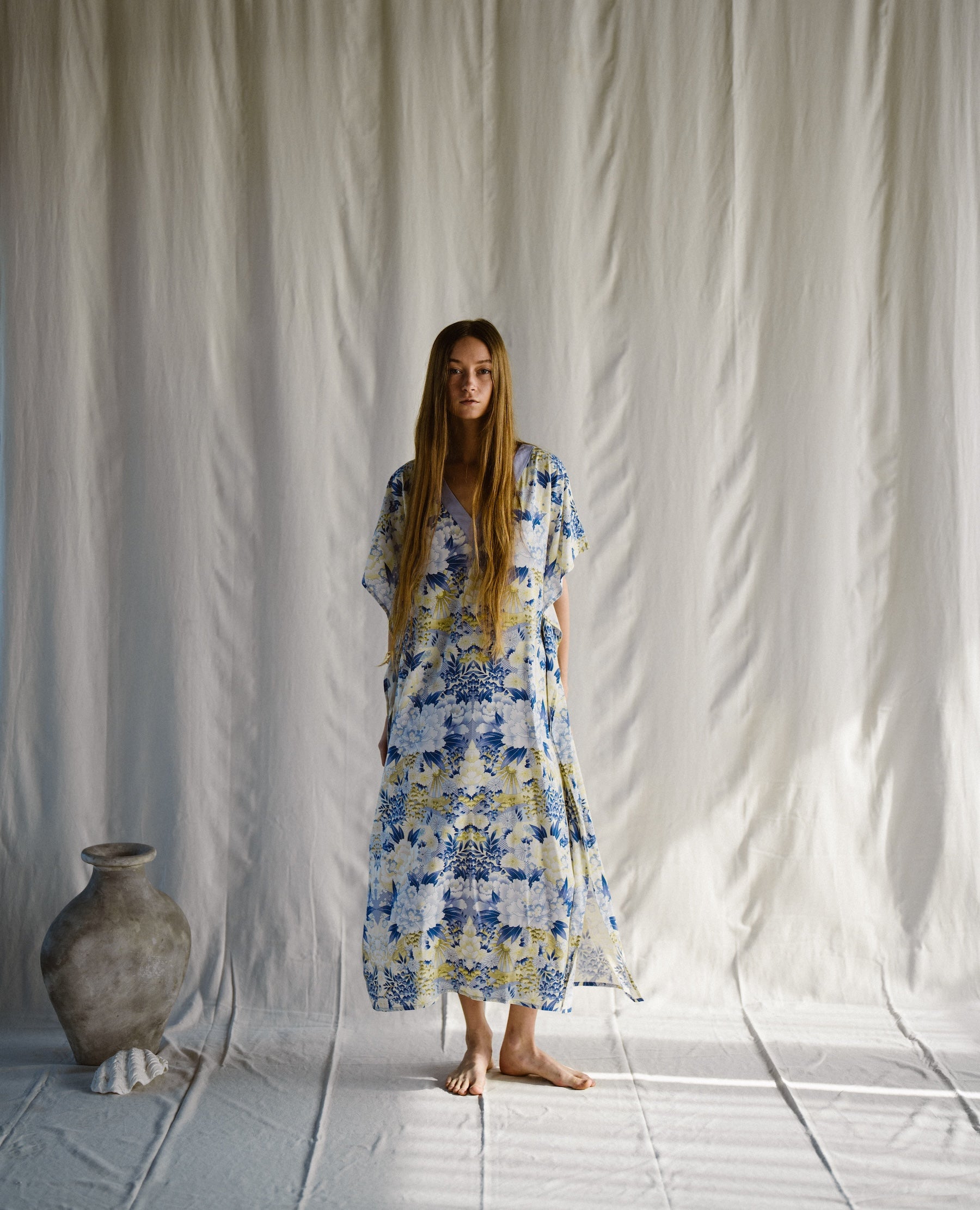Kiku Flower Long Kaftan Indigo EcoVero