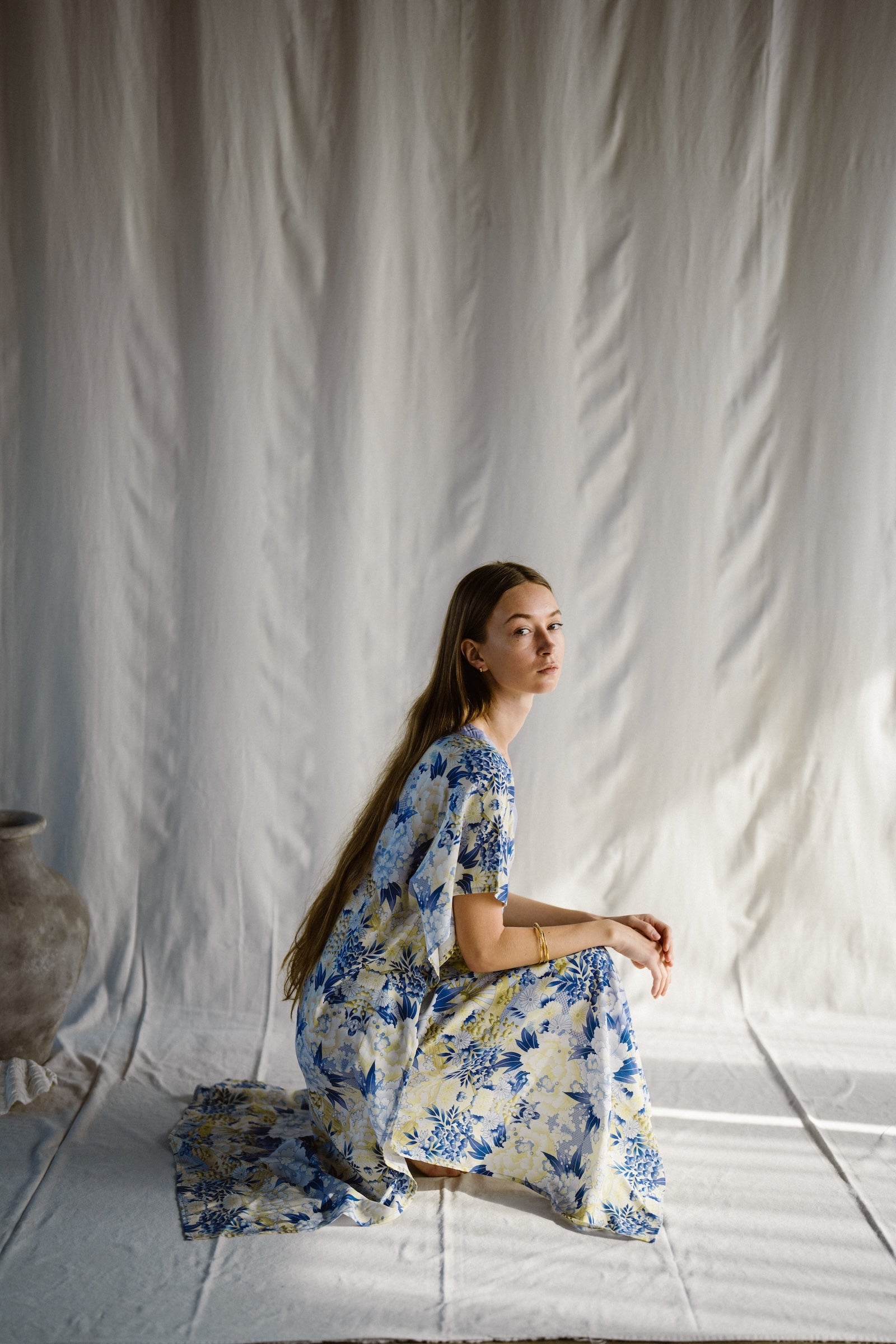 Kiku Flower Long Kaftan Indigo EcoVero