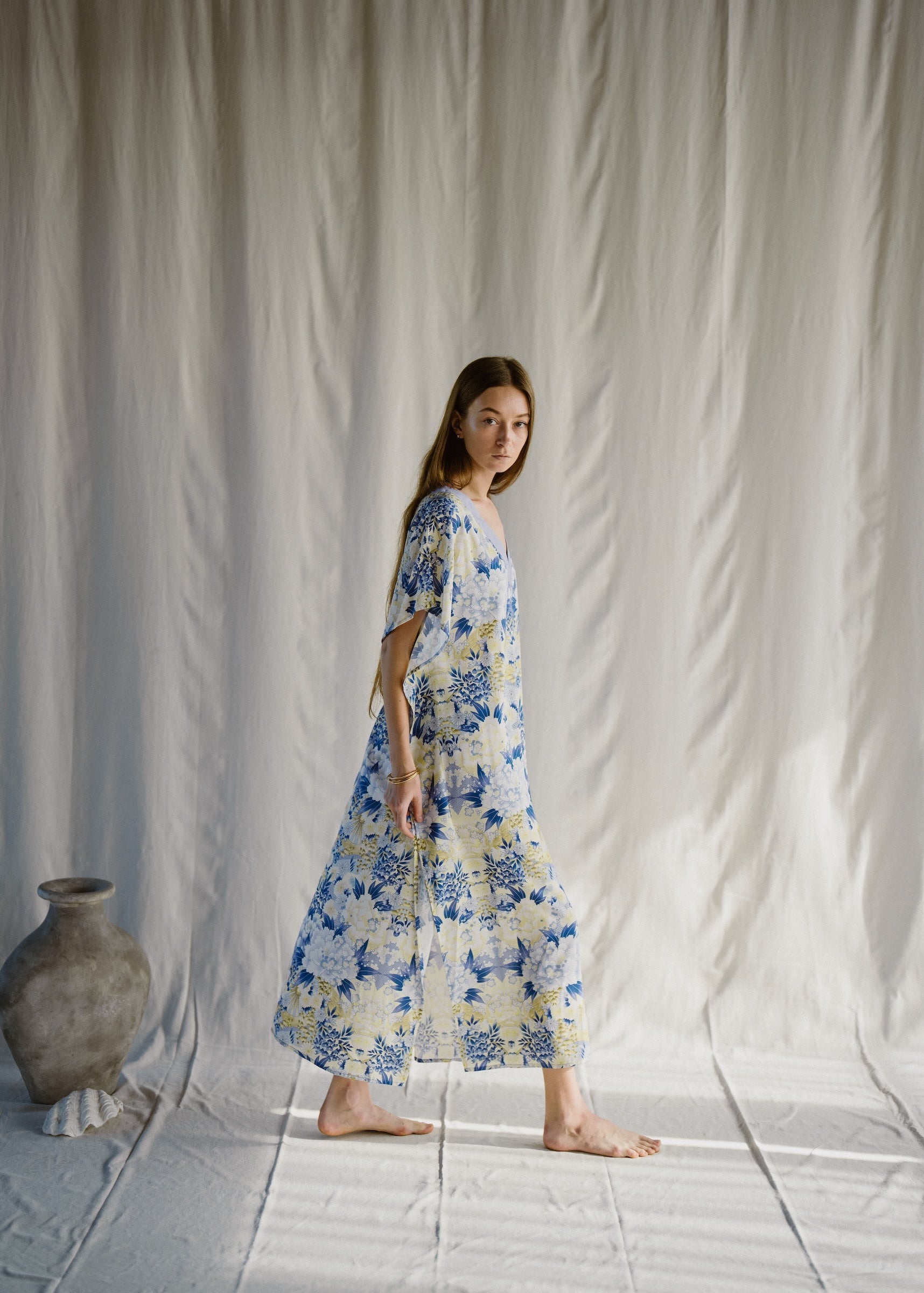 Kiku Flower Long Kaftan Indigo EcoVero