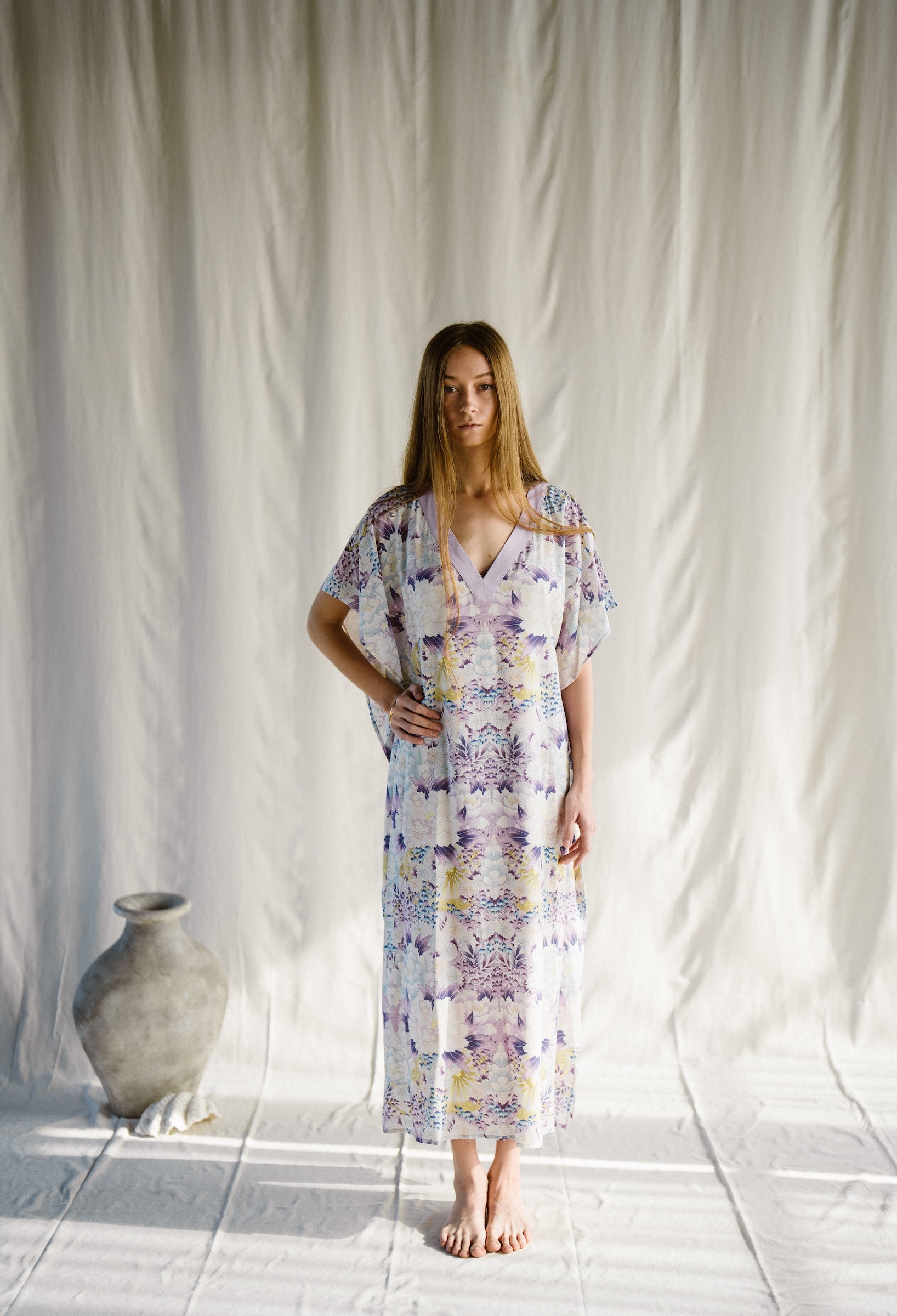 floral kaftan maxi dress Kiku Flower Long Kaftan Violet EcoVero XS