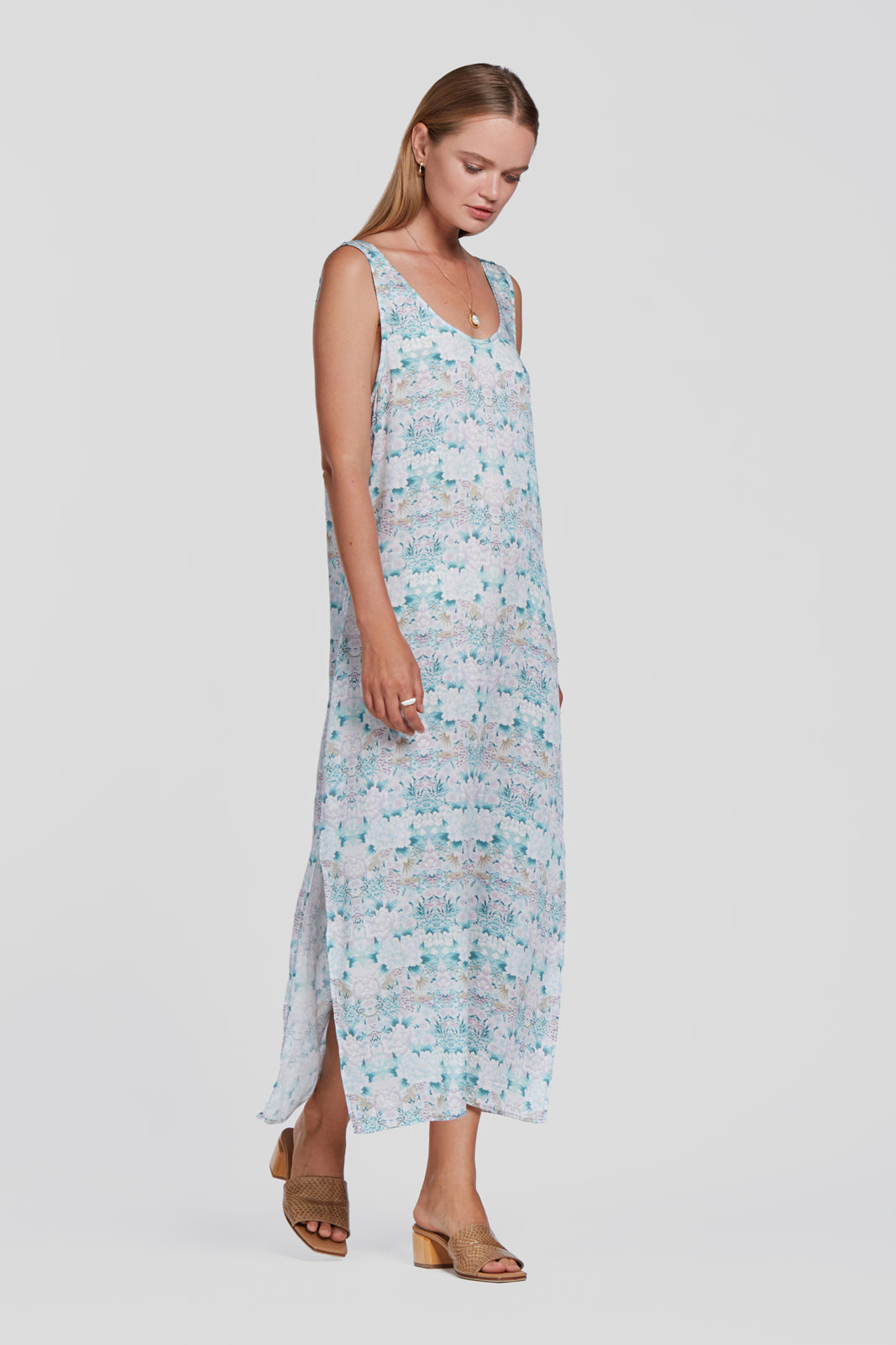printed green slip dress, floral summer dress, tencel slip dress with low back, eco flower dress