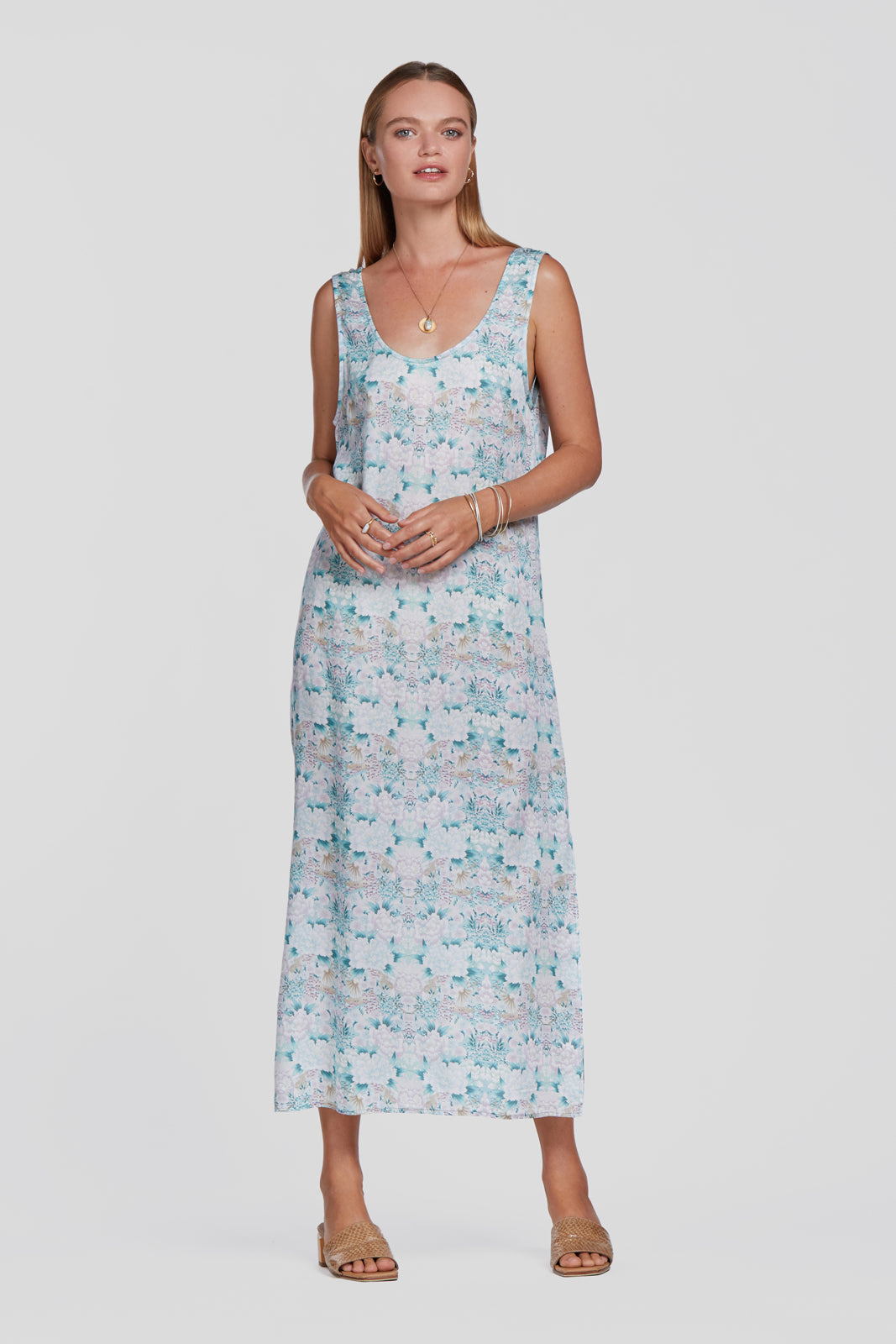 printed green slip dress, floral summer dress, tencel slip dress with low back, eco flower dress