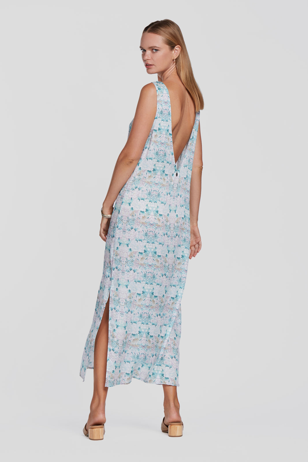 printed green slip dress, floral summer dress, tencel slip dress with low back, eco flower dress