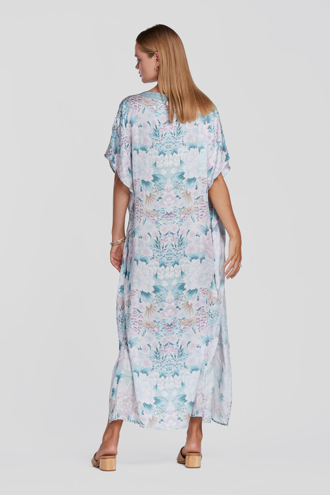 printed green kaftan, tencel resort wear kaftan, floral printed kaftan, floral printed dress, floral printed summer dress, floral long dress