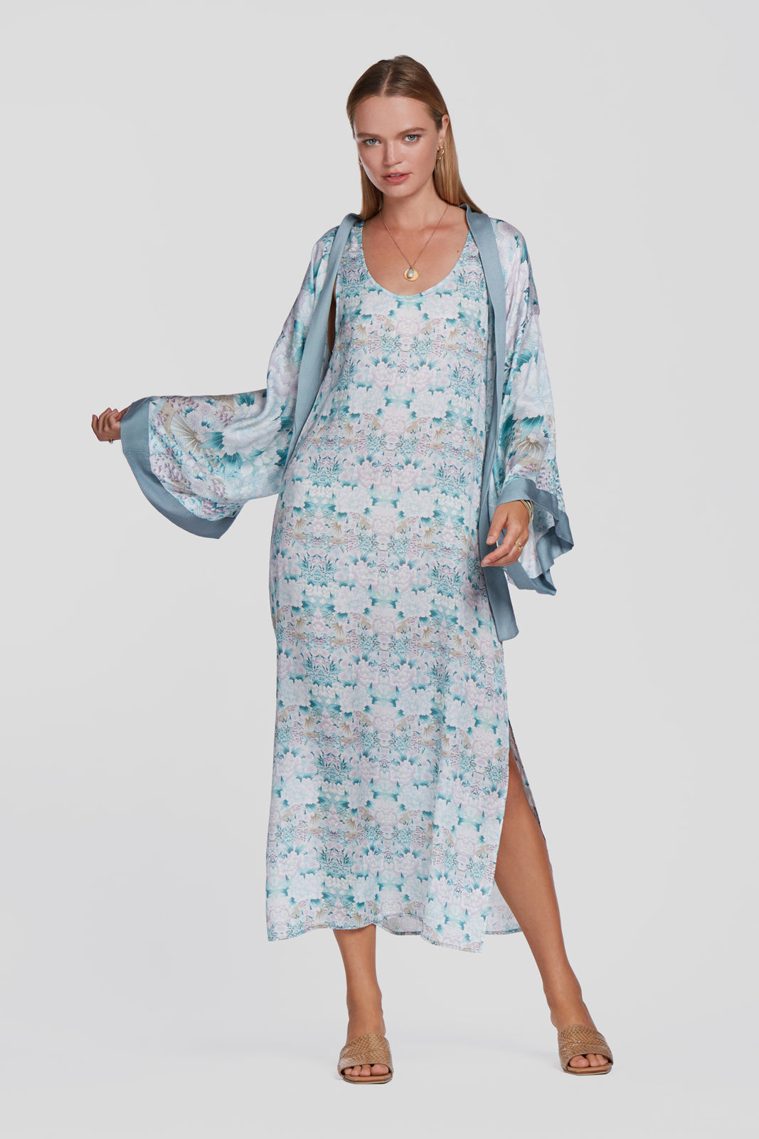 printed green slip dress, floral summer dress, tencel slip dress with low back, eco flower dress