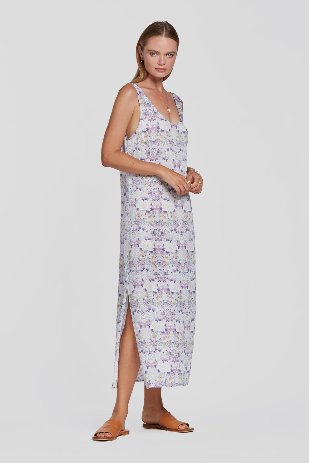 printed blue slip dress, floral summer dress, tencel slip dress with low back, eco flower dress