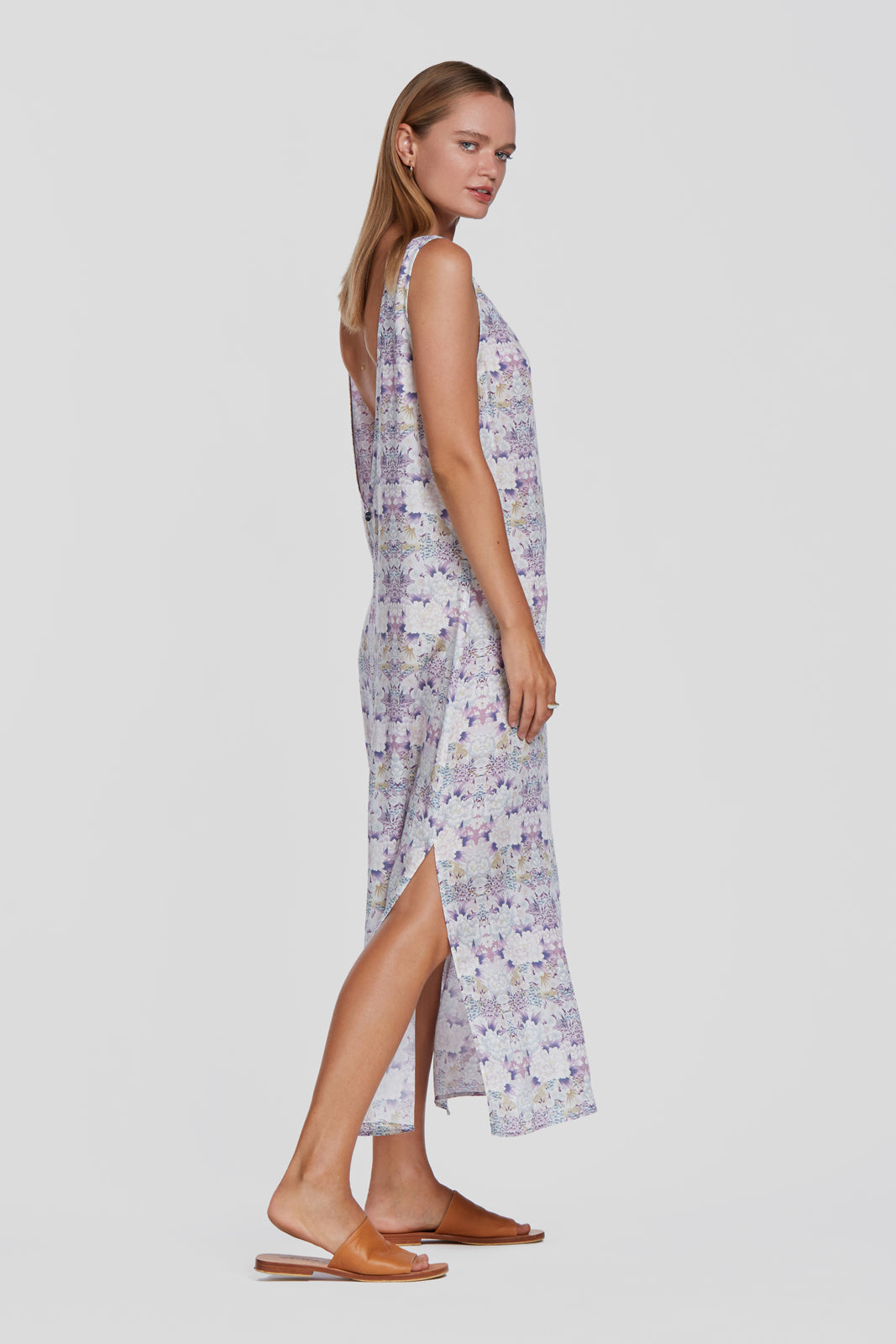 printed blue slip dress, floral summer dress, tencel slip dress with low back, eco flower dress
