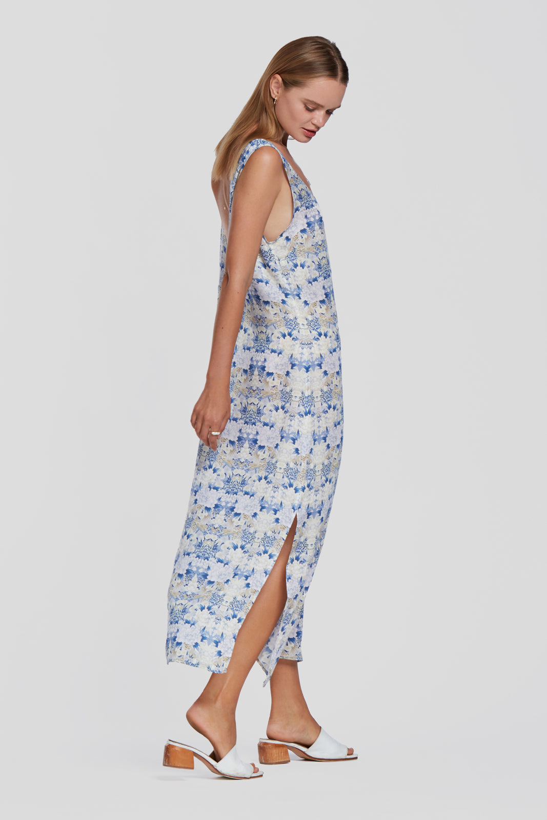 printed blue slip dress, floral summer dress, tencel slip dress with low back, eco flower dress
