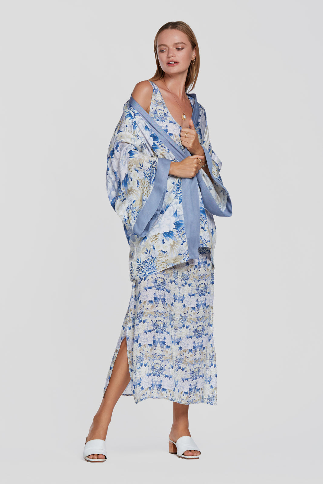 printed blue slip dress, floral summer dress, tencel slip dress with low back, eco flower dress