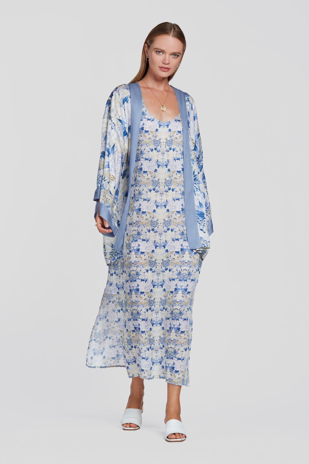 printed blue slip dress, floral summer dress, tencel slip dress with low back, eco flower dress