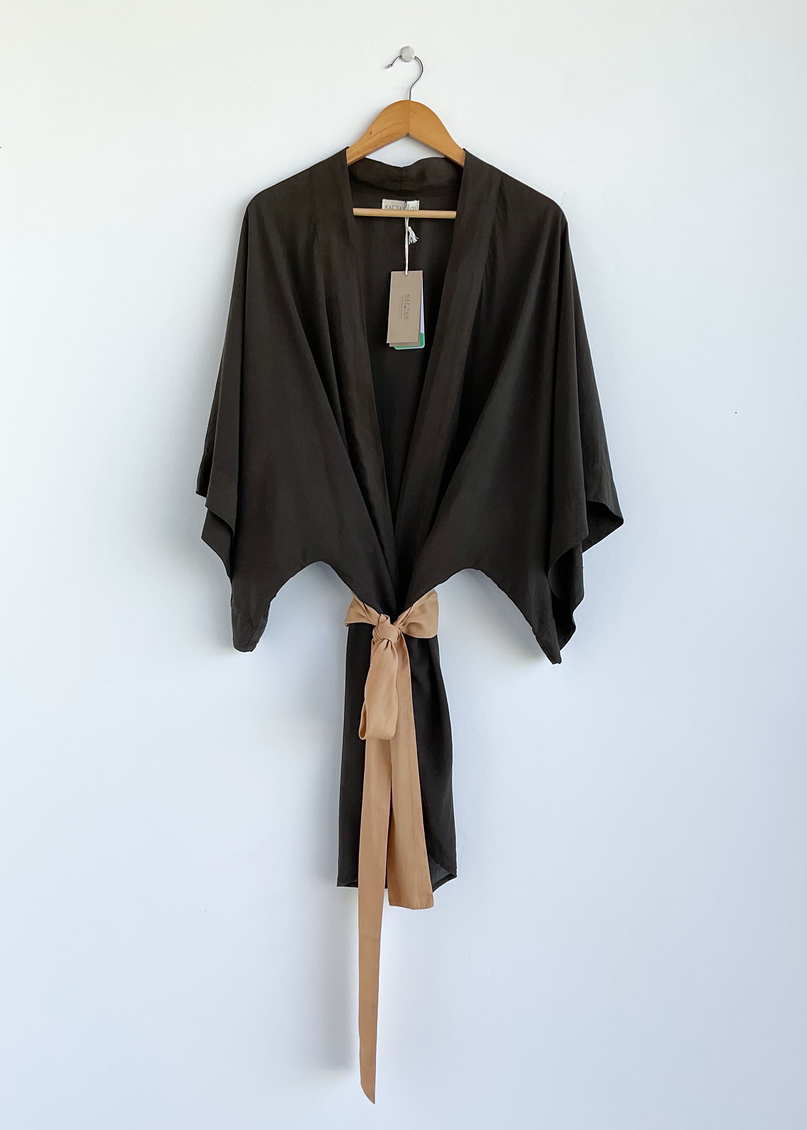 plant dyed kimono, kimono jacket, black, belted kimono