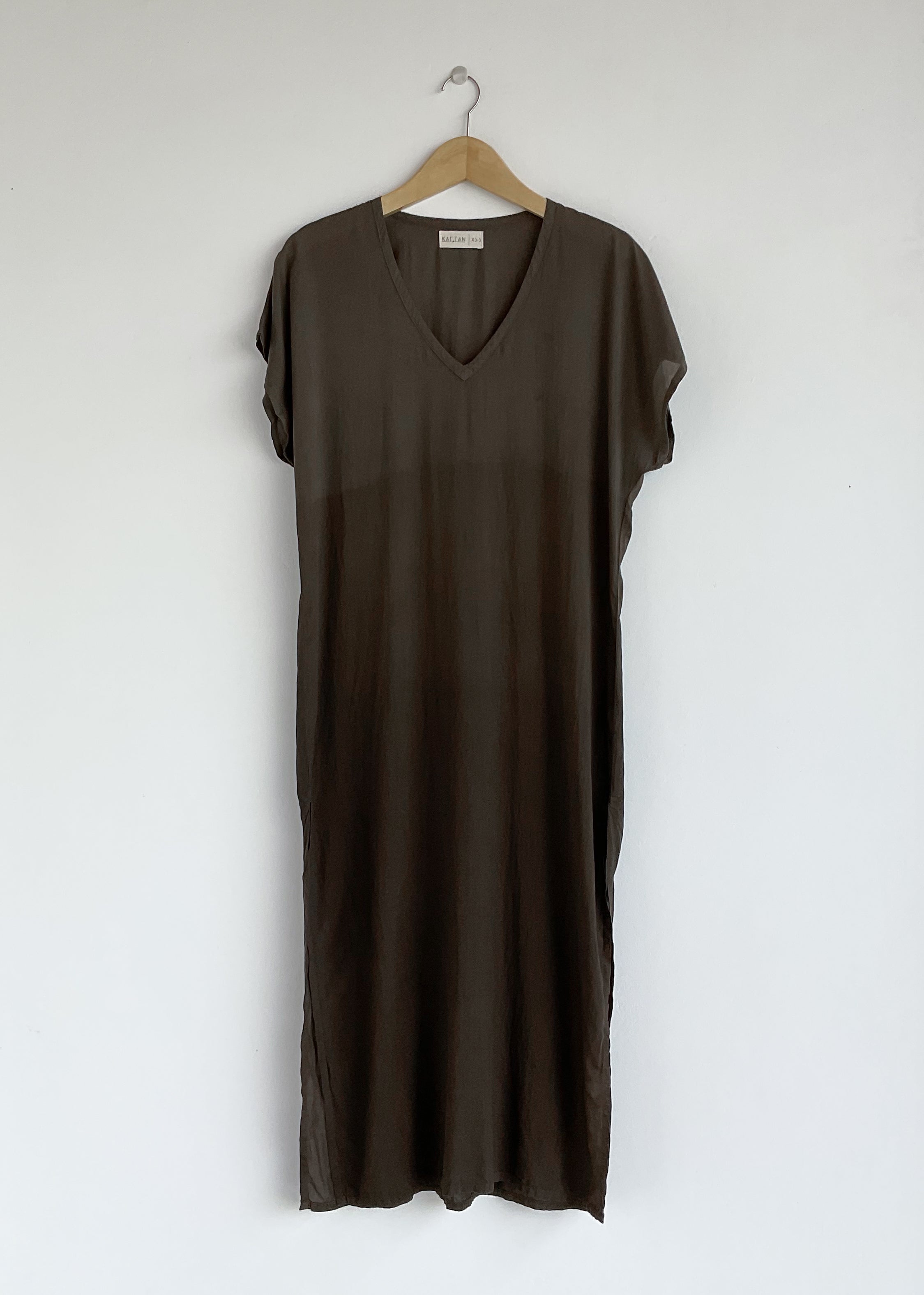 long brown kaftan, plant dyed