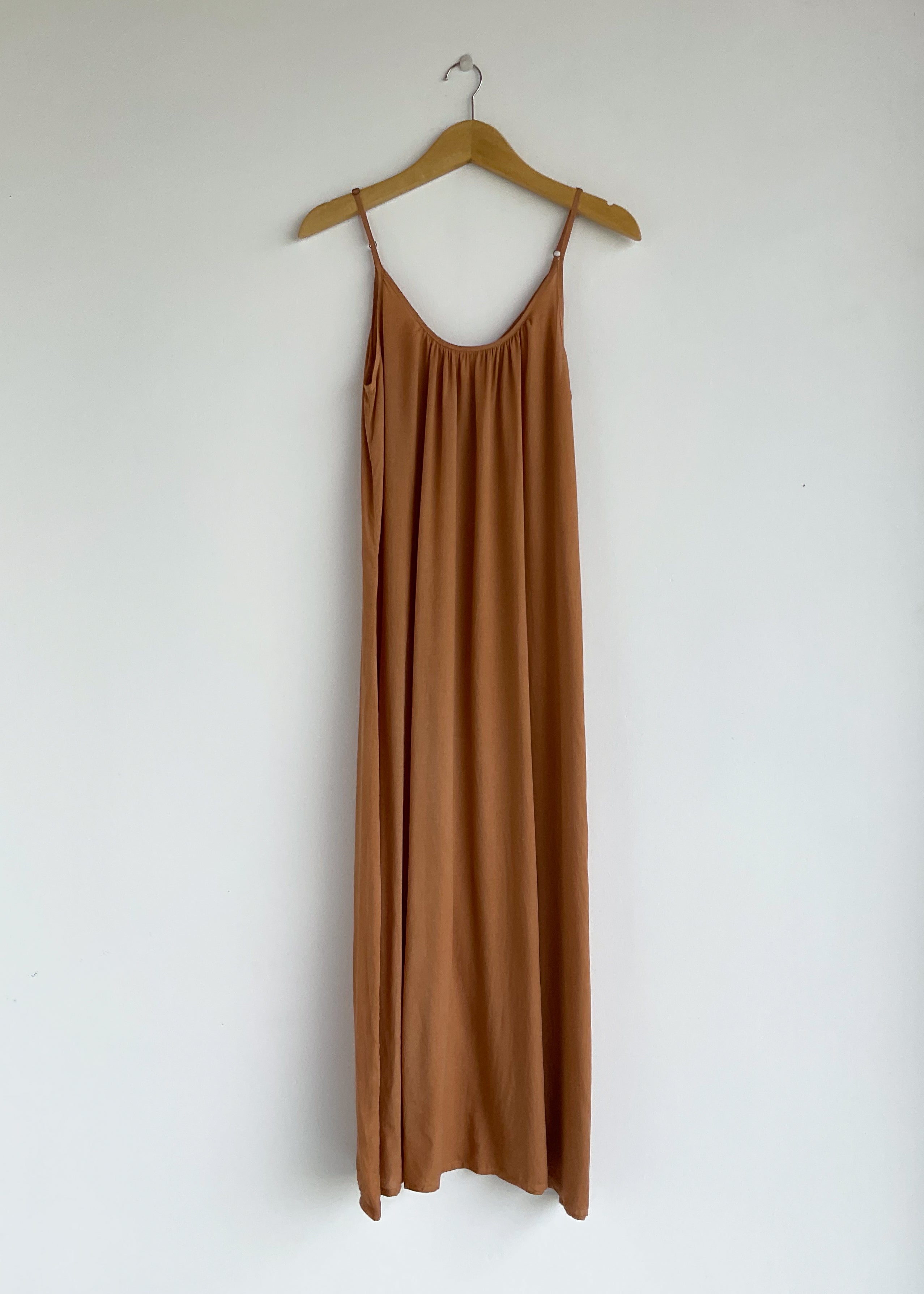 Plant dyed maxi dress, low back, cinnamon