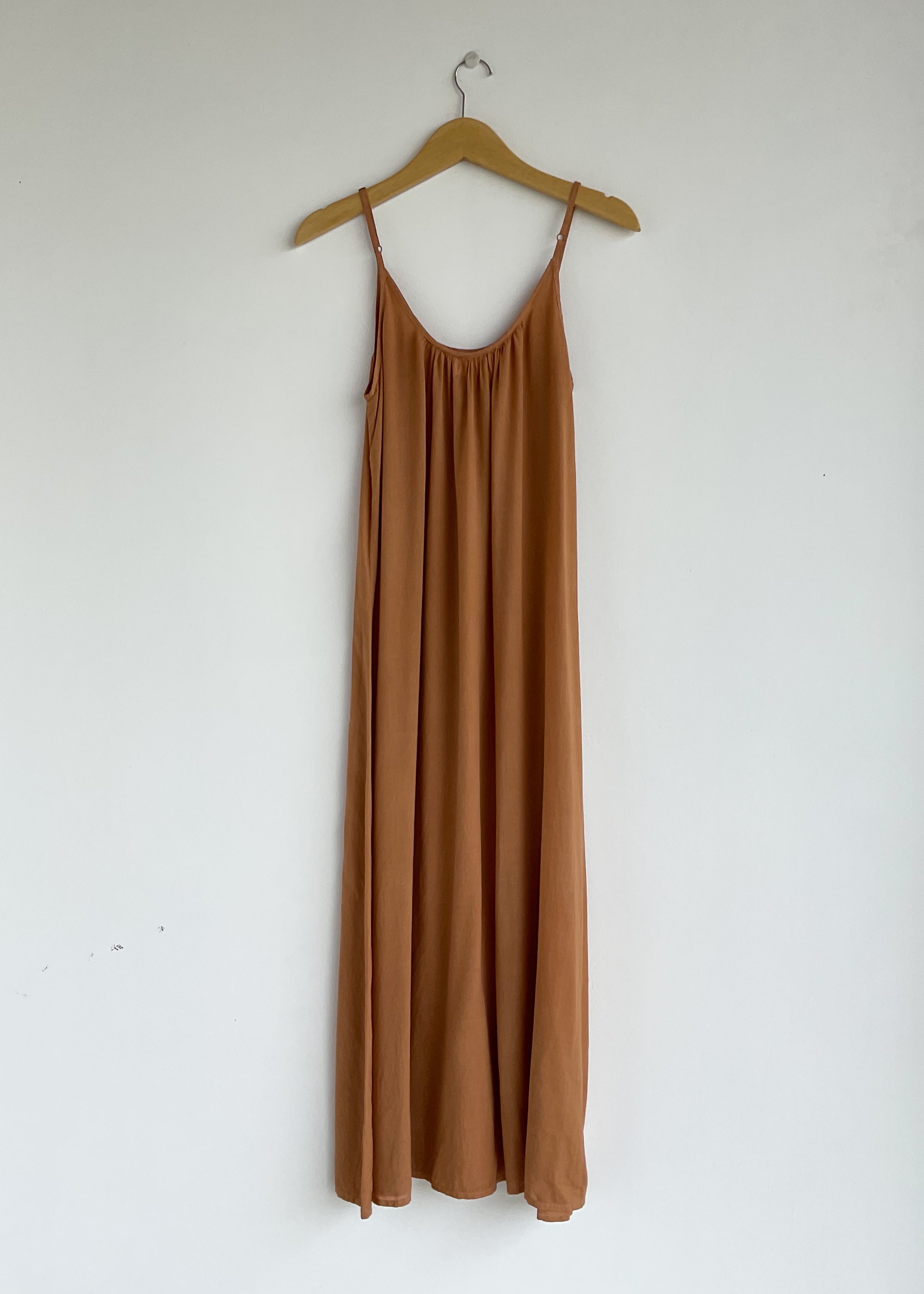Plant dyed maxi dress, low back, cinnamon