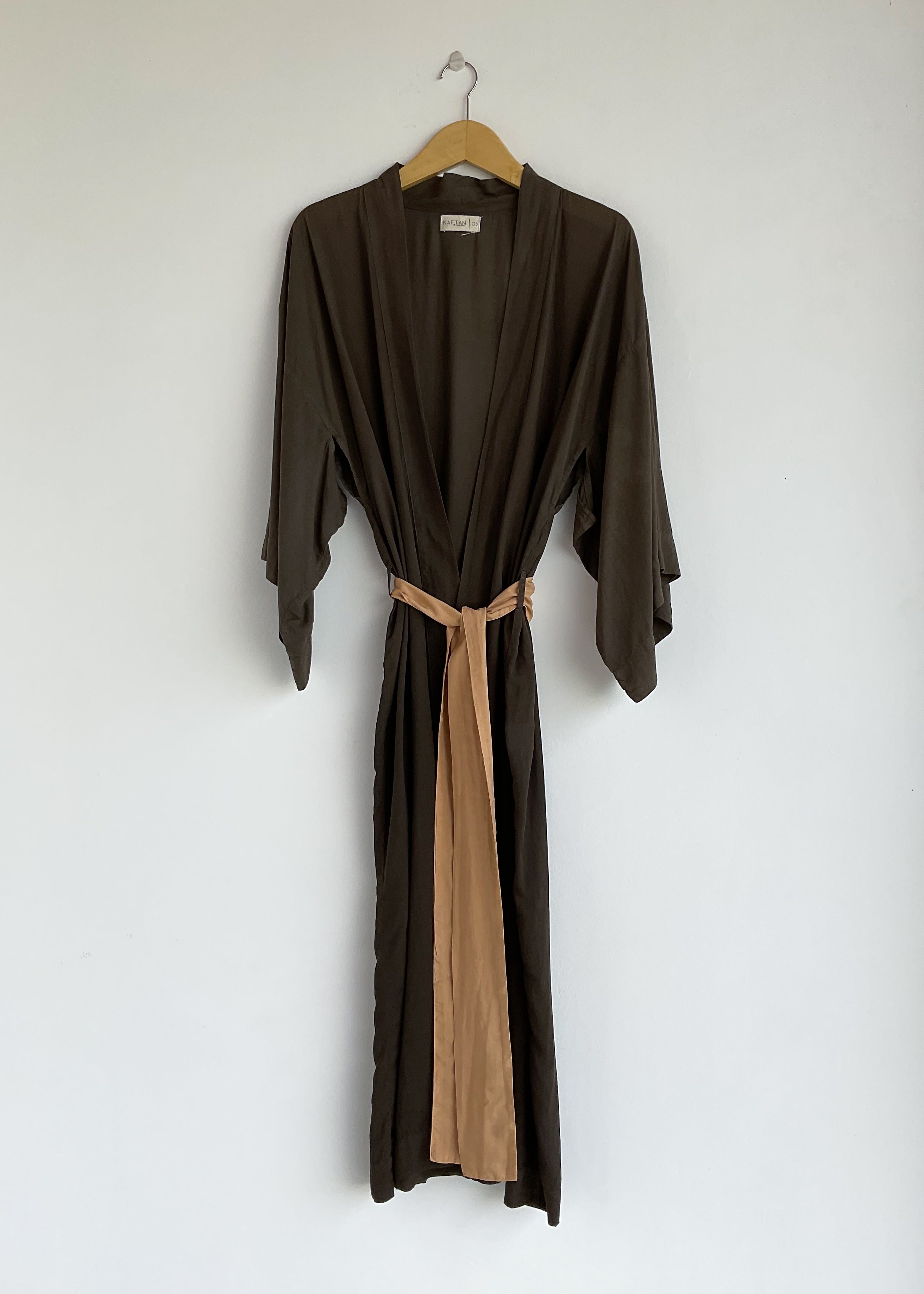 brown long kimono, plant dyed