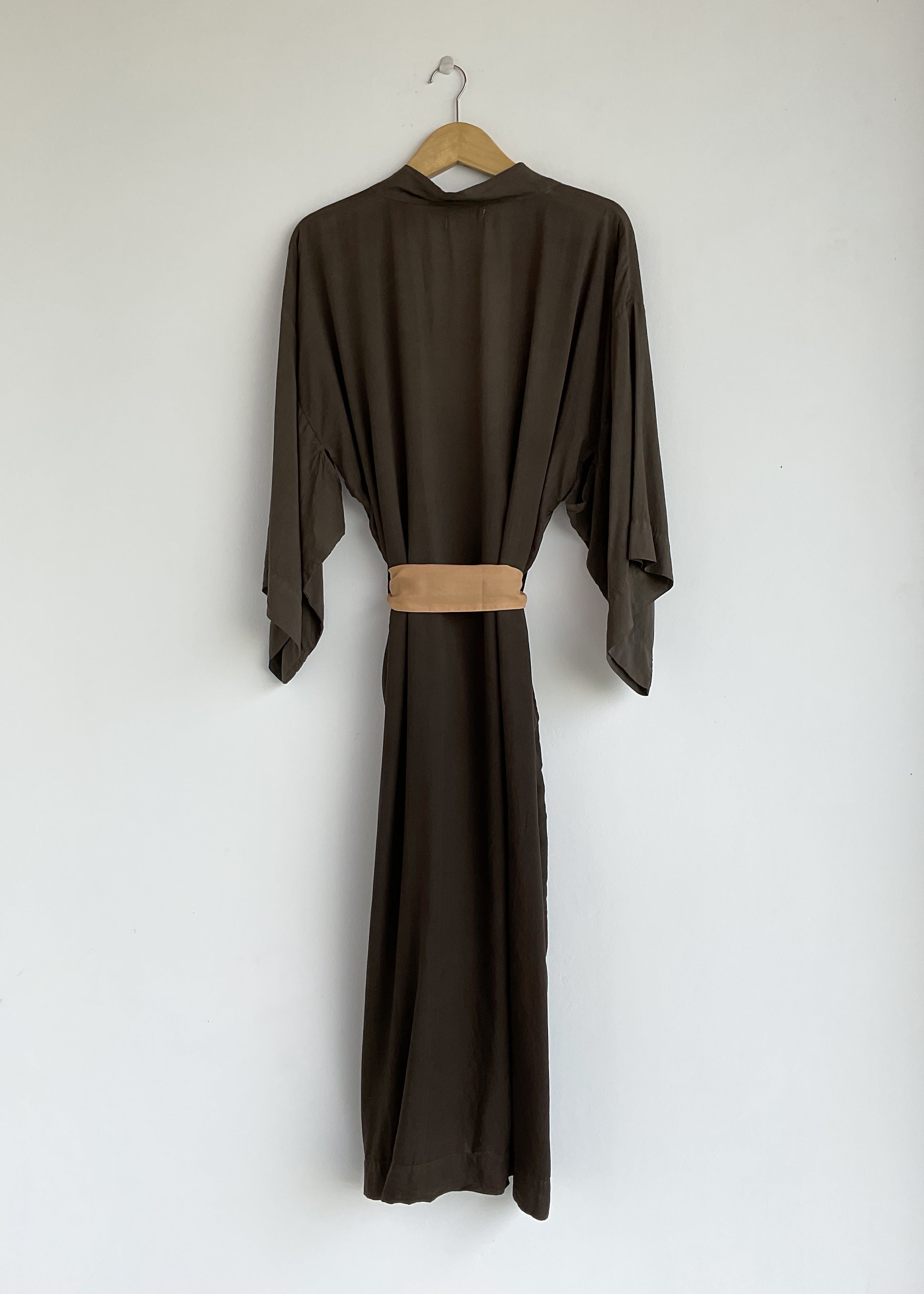 brown long kimono, plant dyed