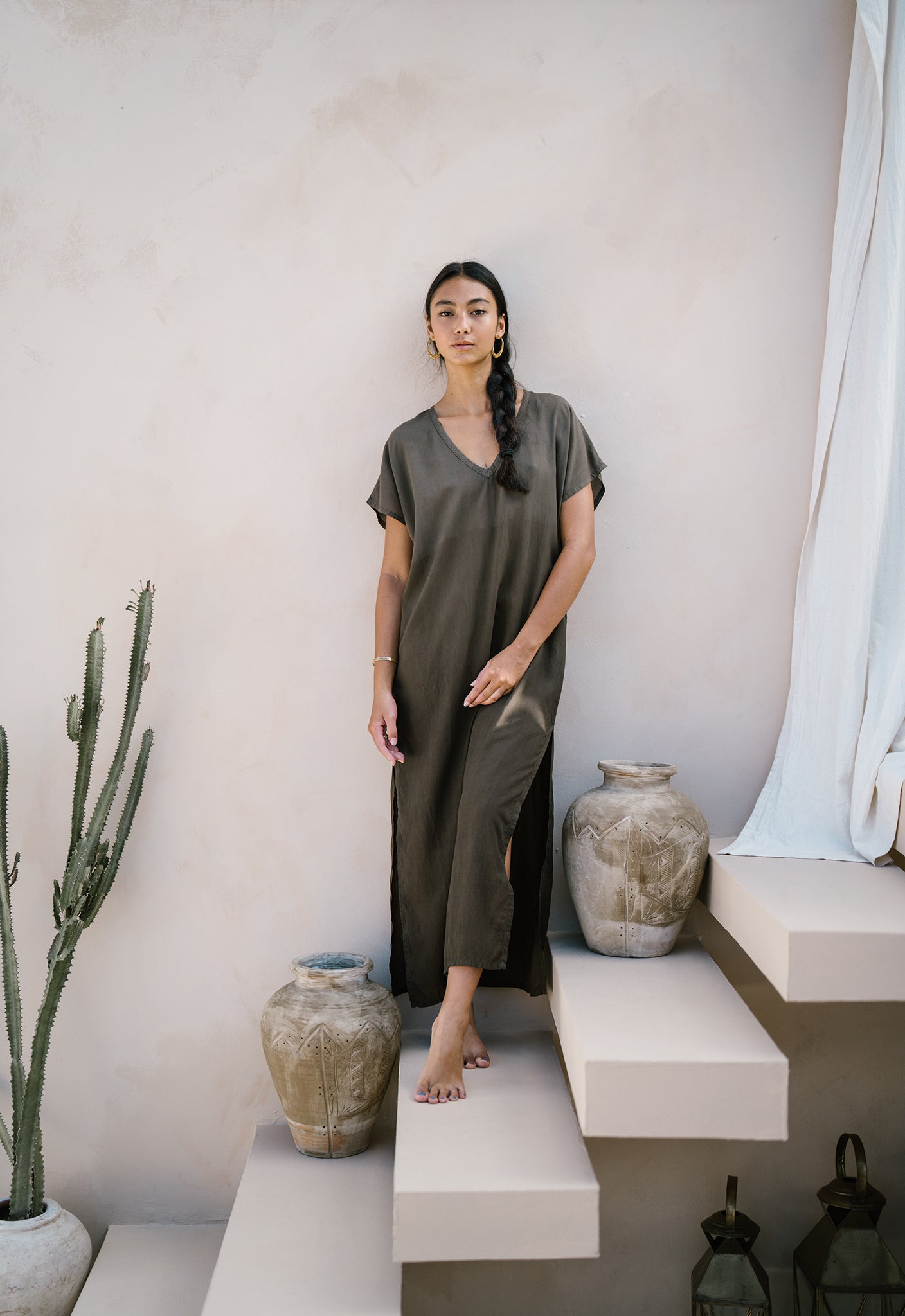 long brown kaftan, plant dyed