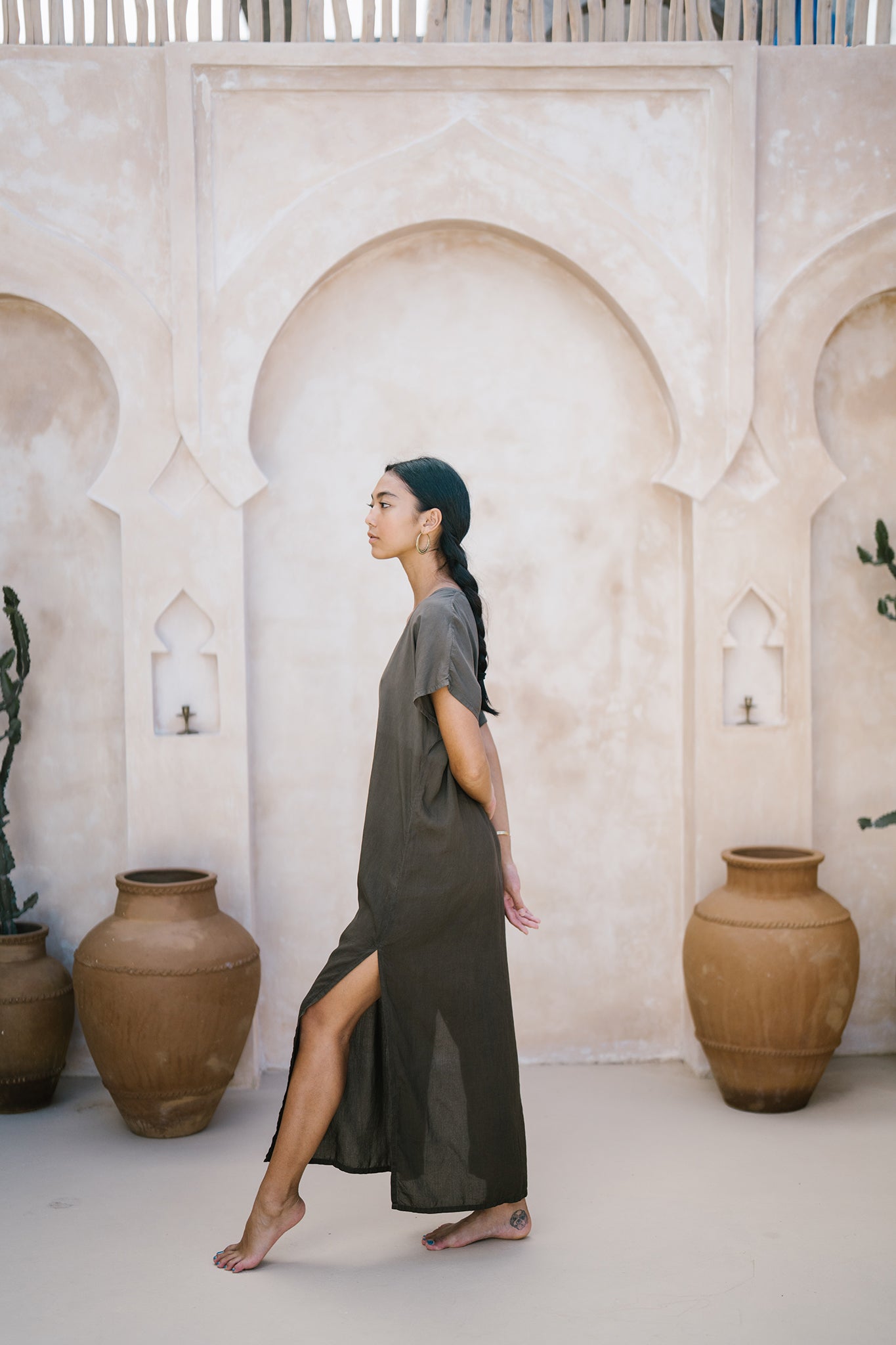 long brown kaftan, plant dyed