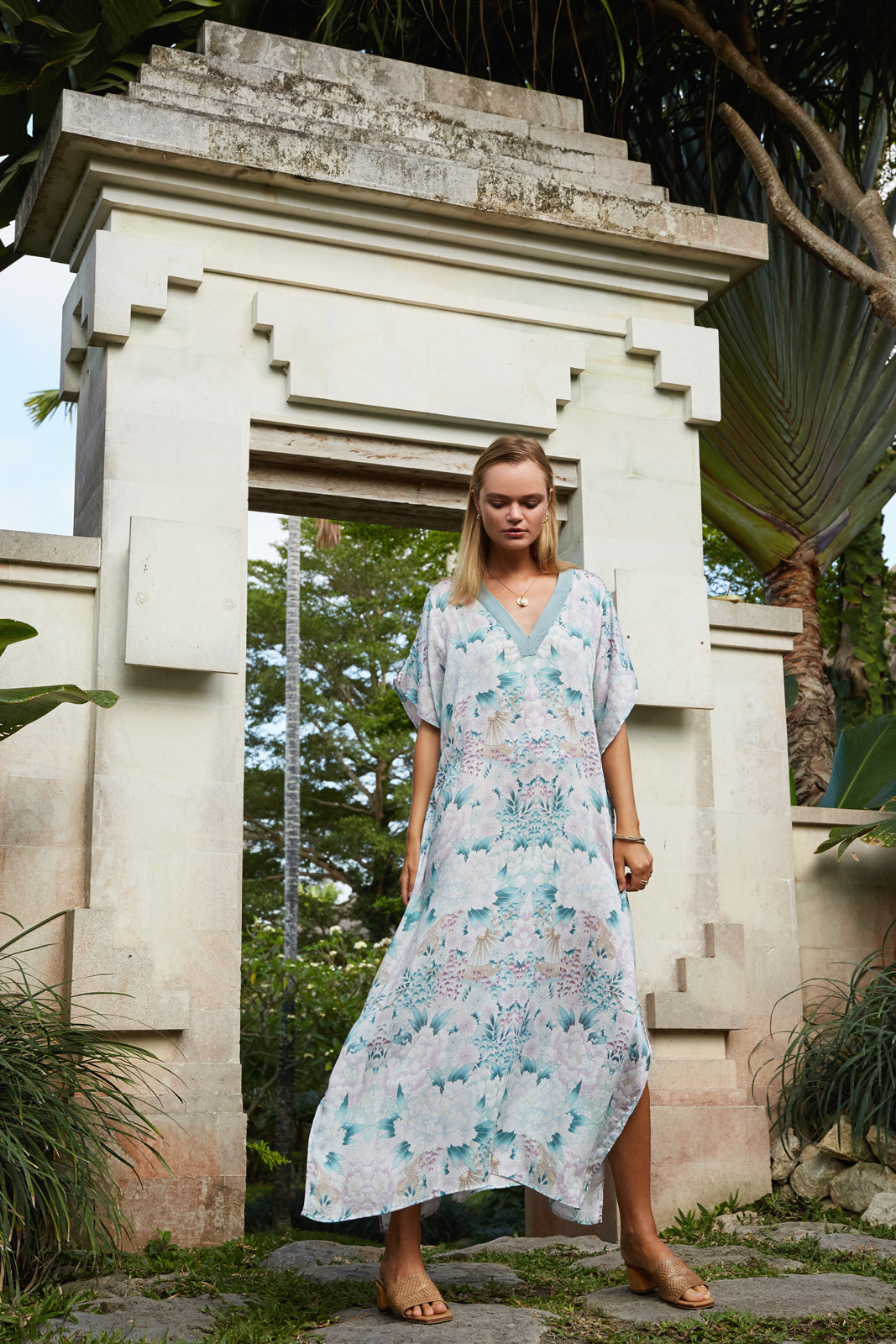 printed green kaftan, tencel resort wear kaftan, floral printed kaftan, floral printed dress, floral printed summer dress, floral long dress