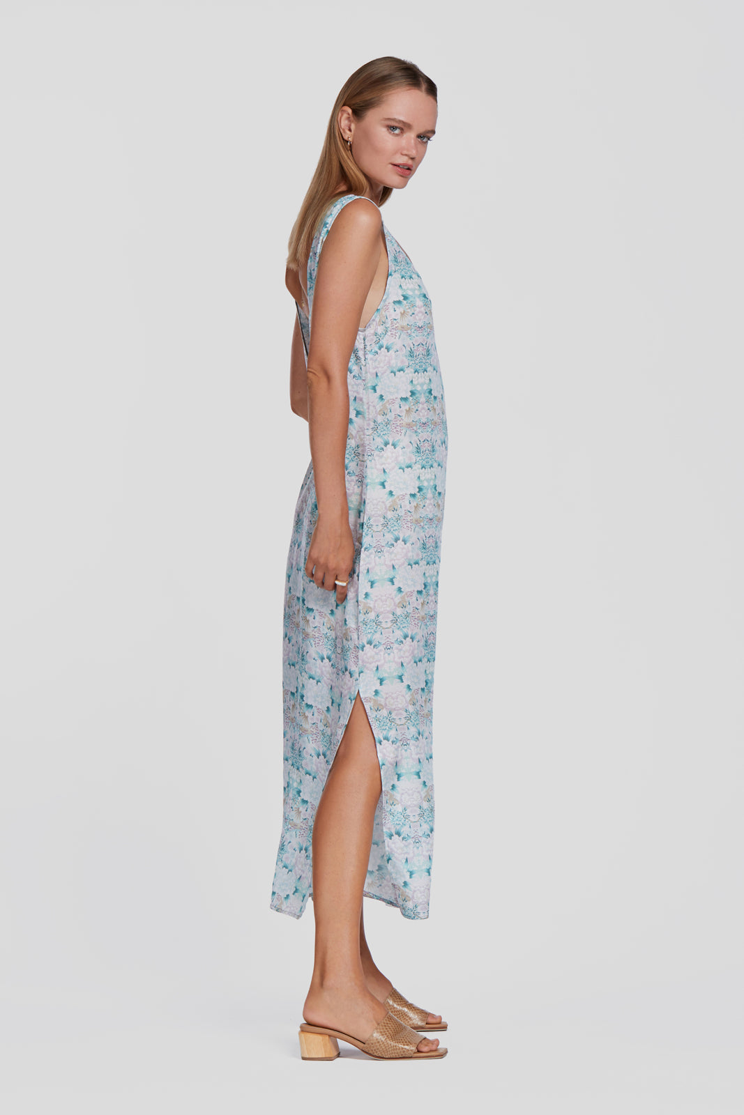 printed green slip dress, floral summer dress, tencel slip dress with low back, eco flower dress