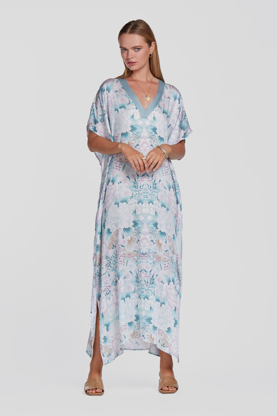 printed green kaftan, tencel resort wear kaftan, floral printed kaftan, floral printed dress, floral printed summer dress, floral long dress