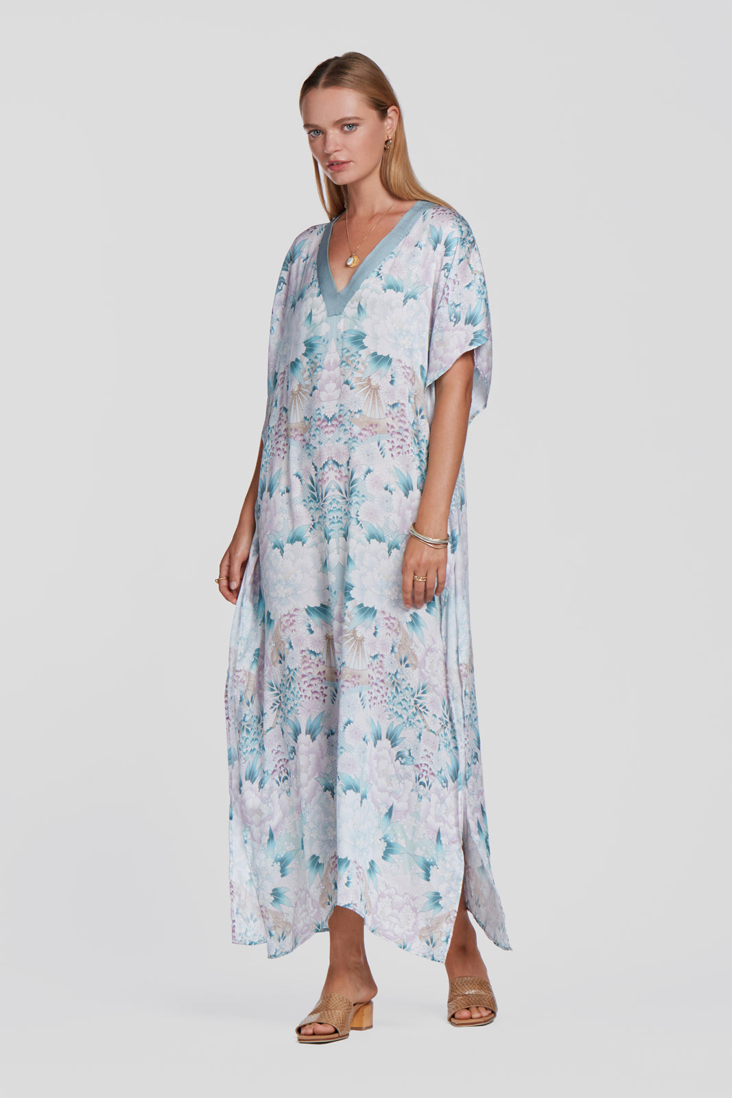 printed green kaftan, tencel resort wear kaftan, floral printed kaftan, floral printed dress, floral printed summer dress, floral long dress