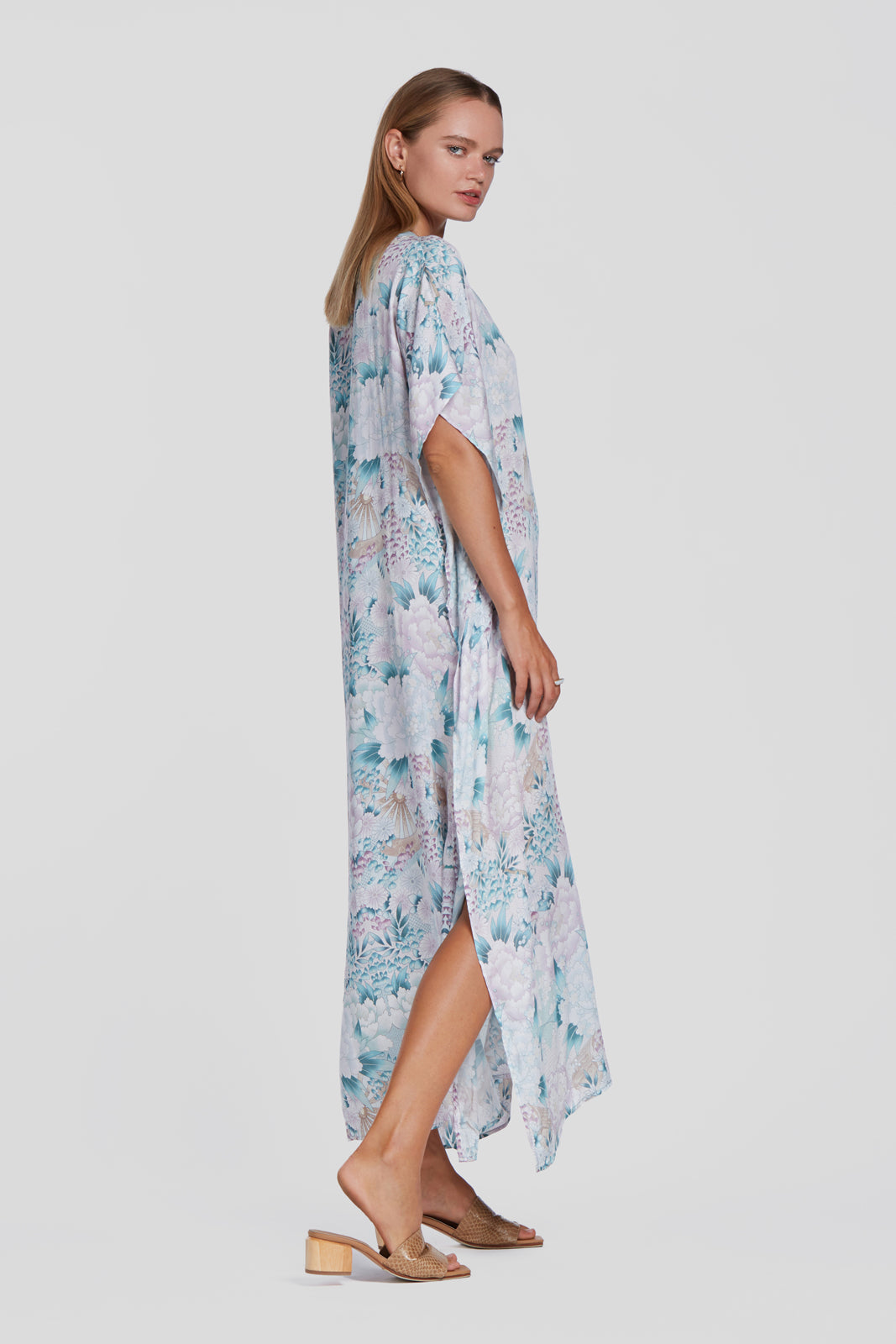 printed green kaftan, tencel resort wear kaftan, floral printed kaftan, floral printed dress, floral printed summer dress, floral long dress