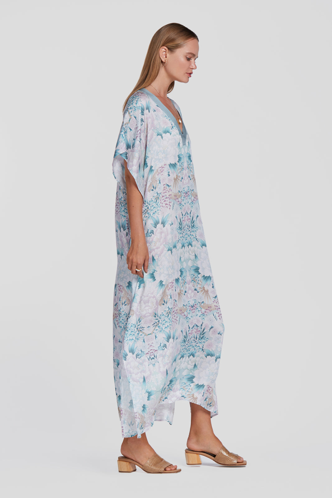 printed green kaftan, tencel resort wear kaftan, floral printed kaftan, floral printed dress, floral printed summer dress, floral long dress