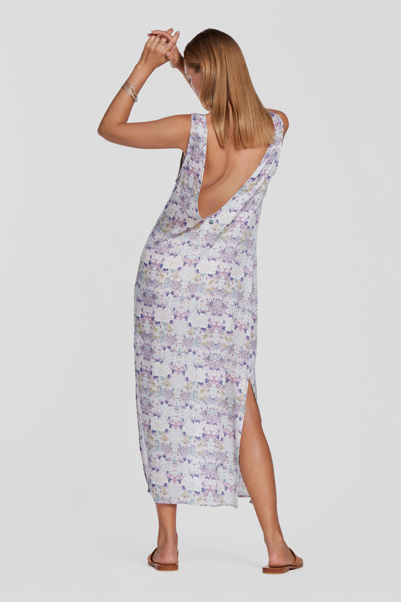 printed blue slip dress, floral summer dress, tencel slip dress with low back, eco flower dress