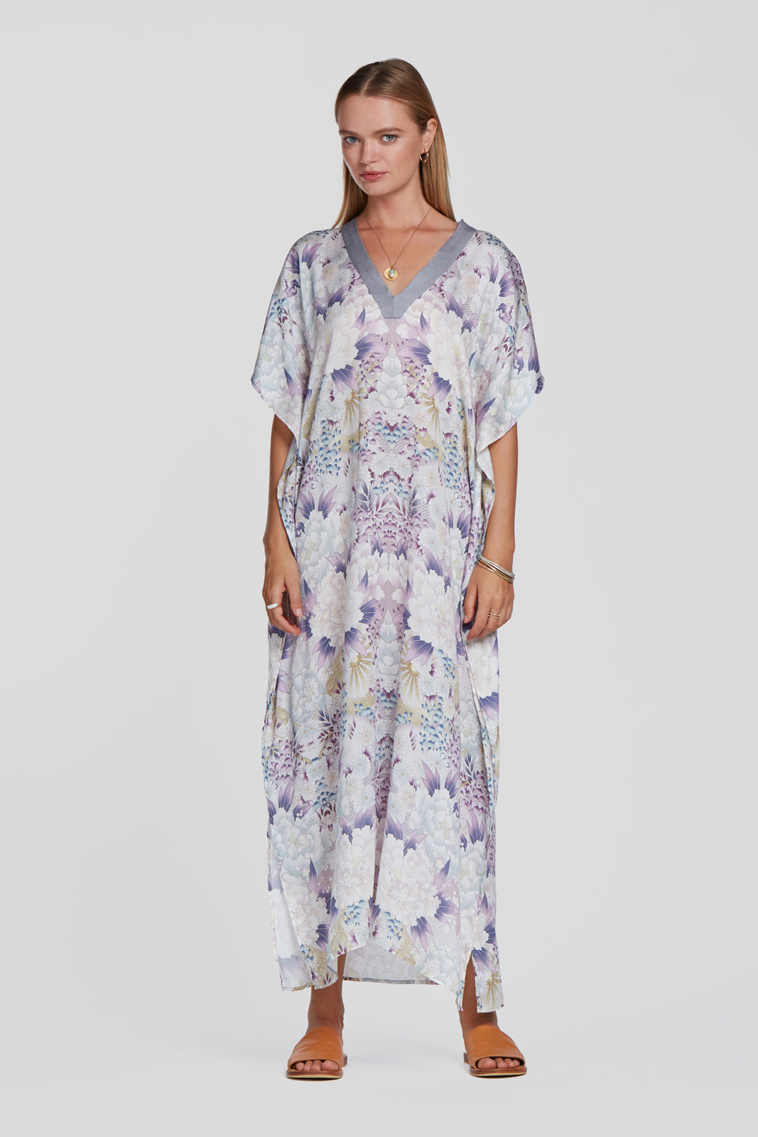 printed purple kaftan, summer kaftan, tencel resort wear kaftan, floral printed kaftan, floral printed dress, floral printed summer dress, floral long dress
