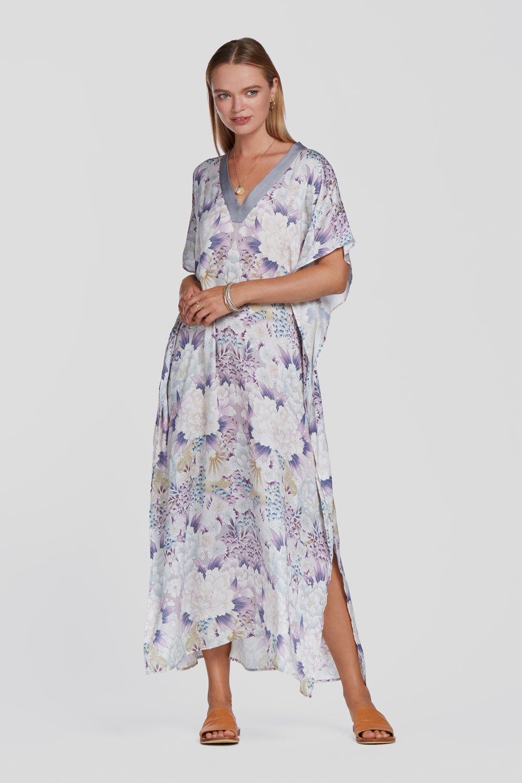 printed purple kaftan, tencel resort wear kaftan, floral printed kaftan, floral printed dress, floral printed summer dress, floral long dress