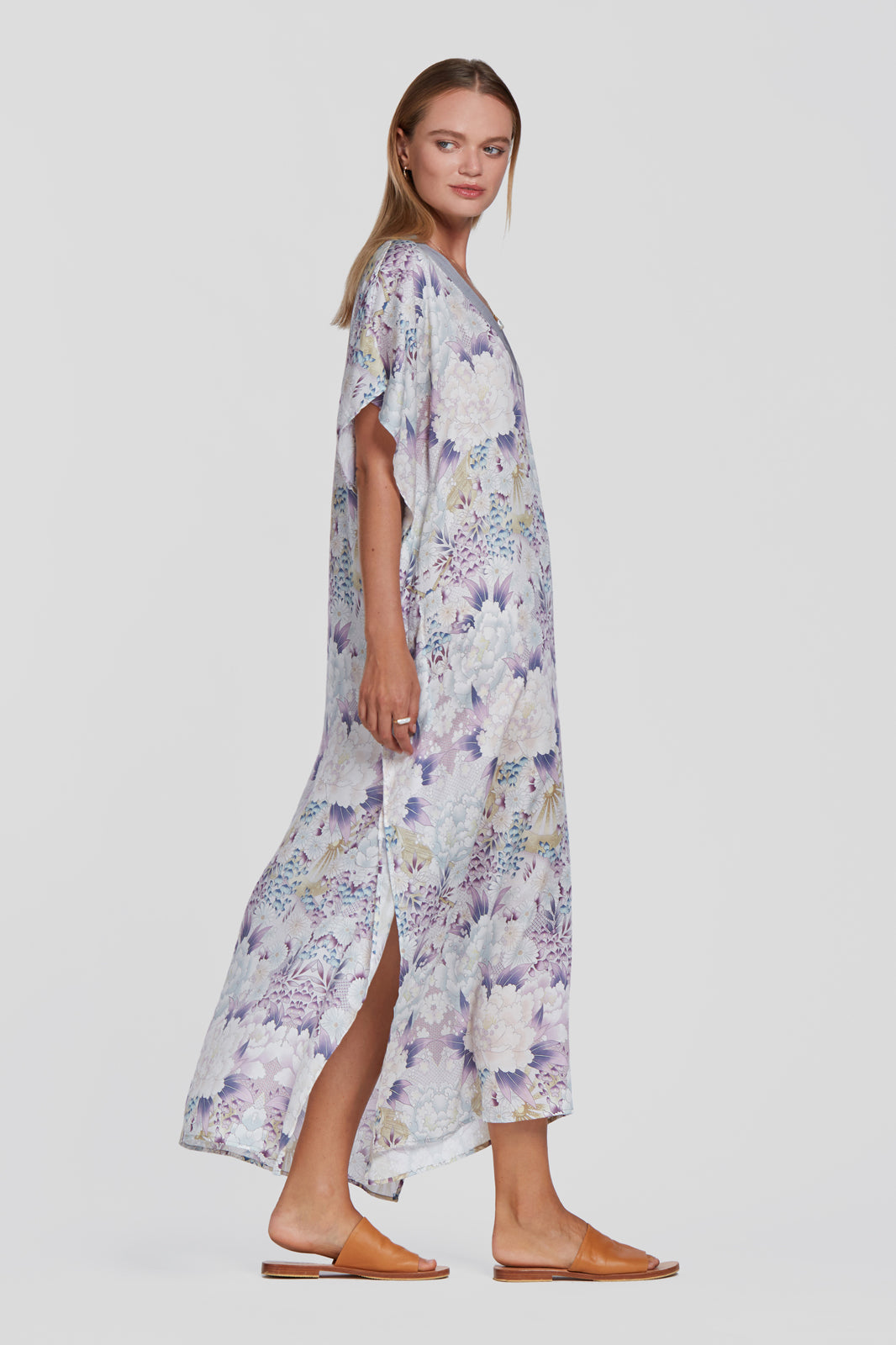 printed purple kaftan, tencel resort wear kaftan, floral printed kaftan, floral printed dress, floral printed summer dress, floral long dress