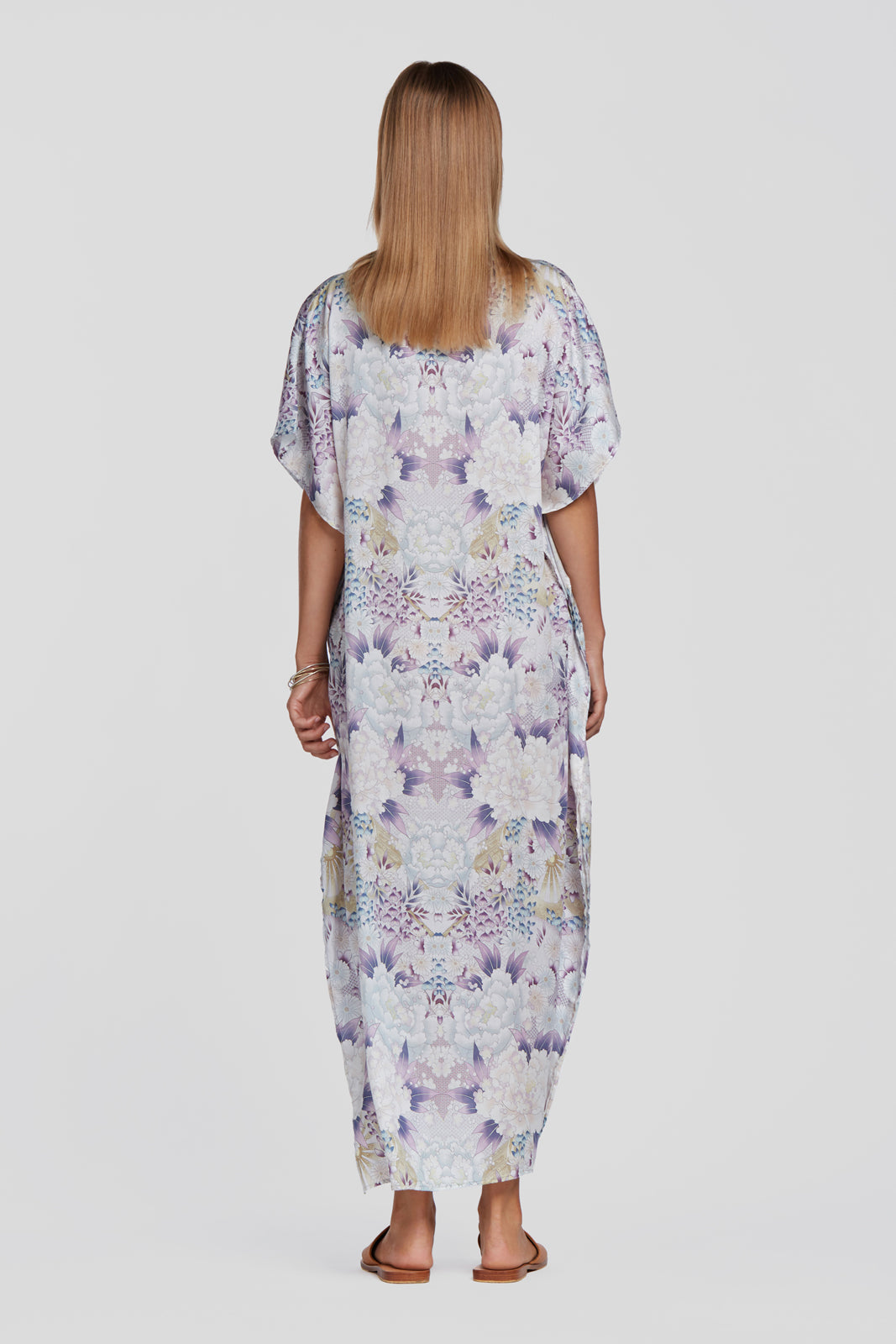 printed purple kaftan, tencel resort wear kaftan, floral printed kaftan, floral printed dress, floral printed summer dress, floral long dress