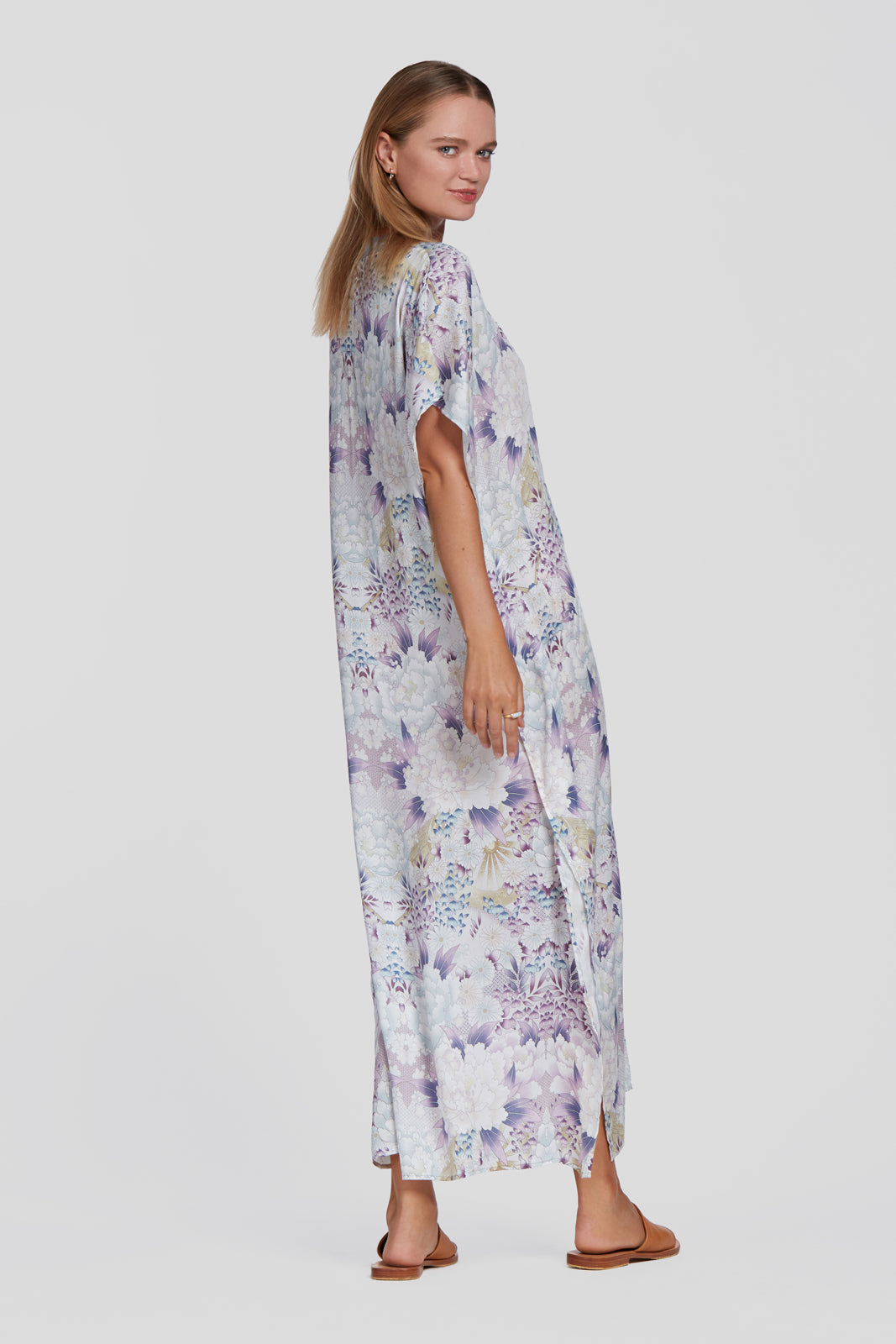 printed purple kaftan, tencel resort wear kaftan, floral printed kaftan, floral printed dress, floral printed summer dress, floral long dress