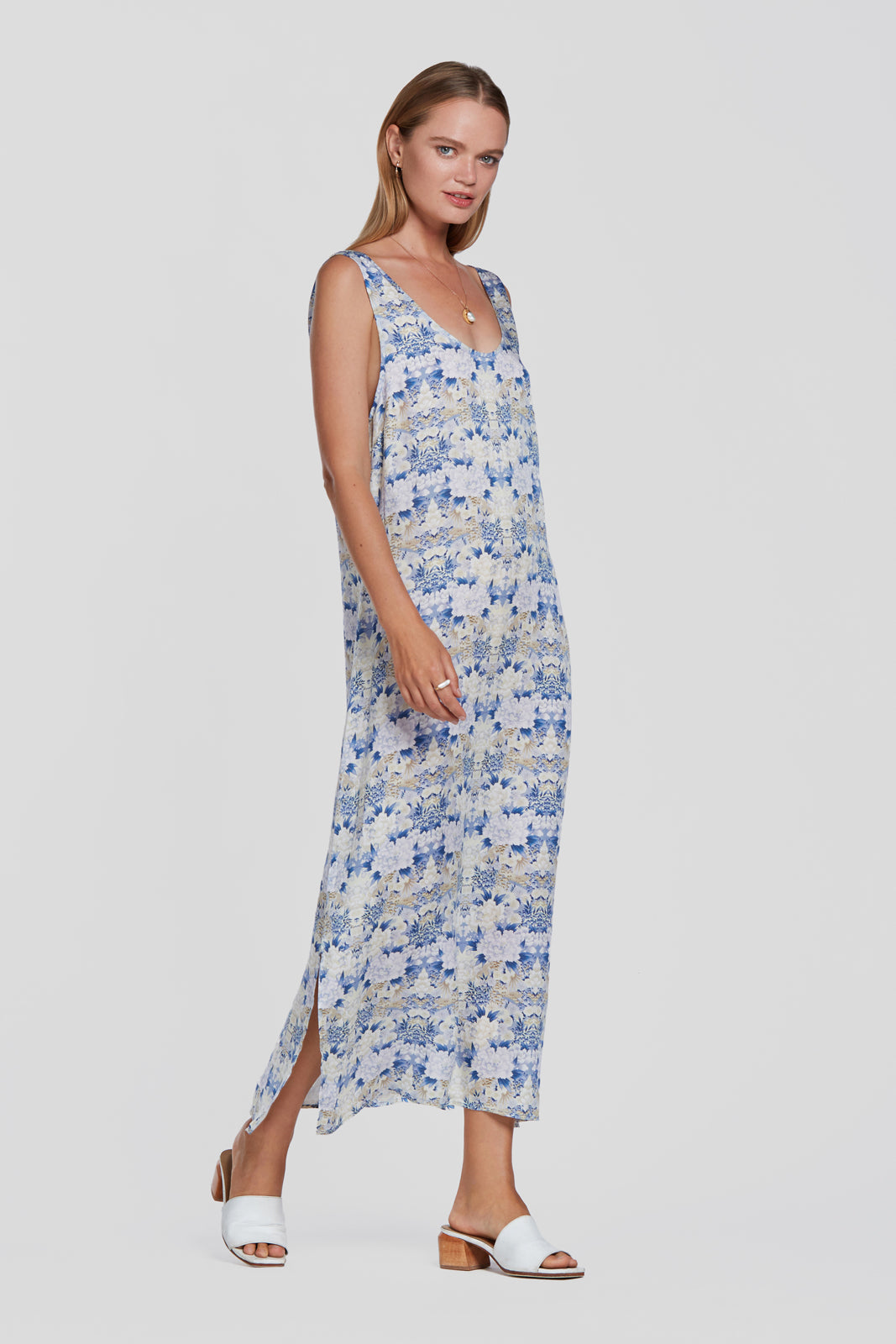 printed blue slip dress, floral summer dress, tencel slip dress with low back, eco flower dress