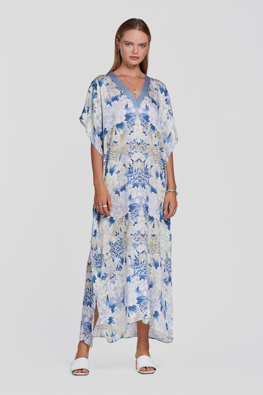printed blue kaftan, tencel resort wear kaftan, floral printed kaftan, floral printed dress, floral printed summer dress, floral long dress