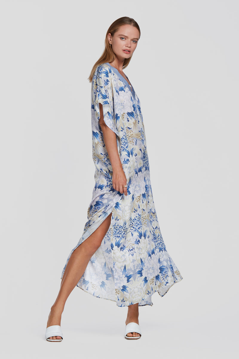 printed blue kaftan, tencel resort wear kaftan, floral printed kaftan, floral printed dress, floral printed summer dress, floral long dress