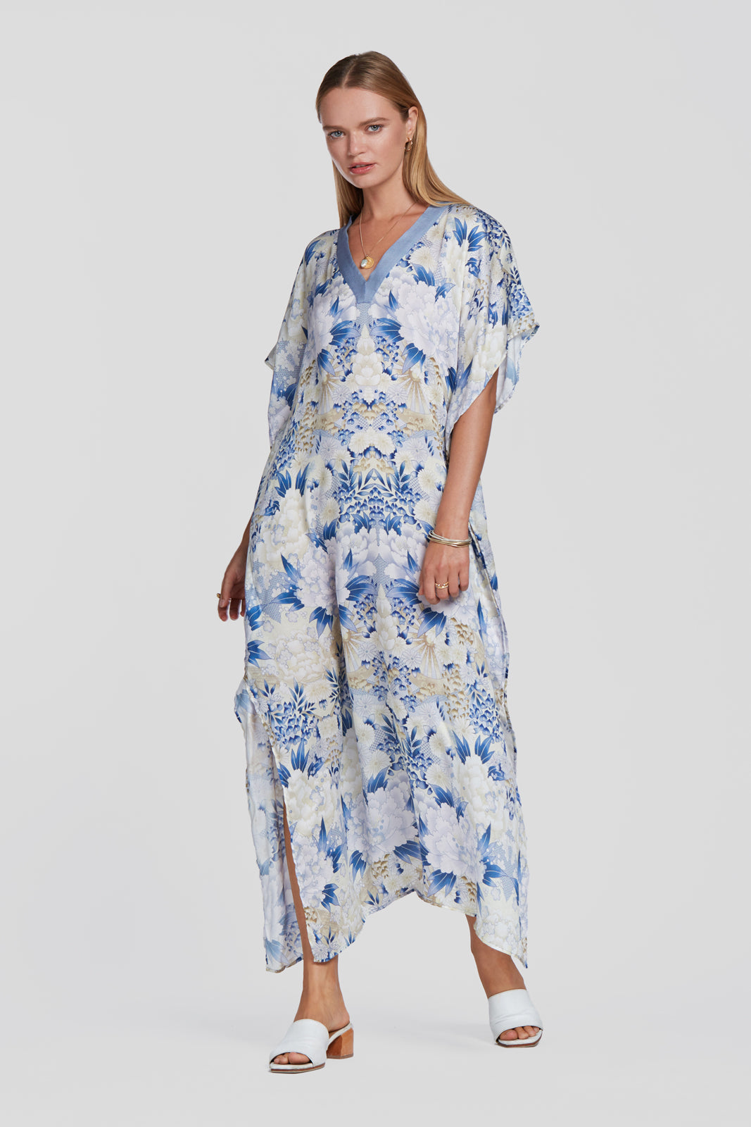 printed blue kaftan, tencel resort wear kaftan, floral printed kaftan, floral printed dress, floral printed summer dress, floral long dress