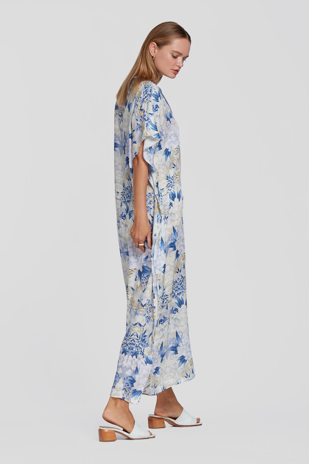 printed blue kaftan, tencel resort wear kaftan, floral printed kaftan, floral printed dress, floral printed summer dress, floral long dress