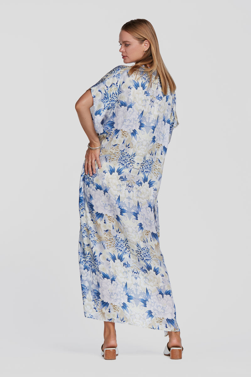 printed blue kaftan, tencel resort wear kaftan, floral printed kaftan, floral printed dress, floral printed summer dress, floral long dress